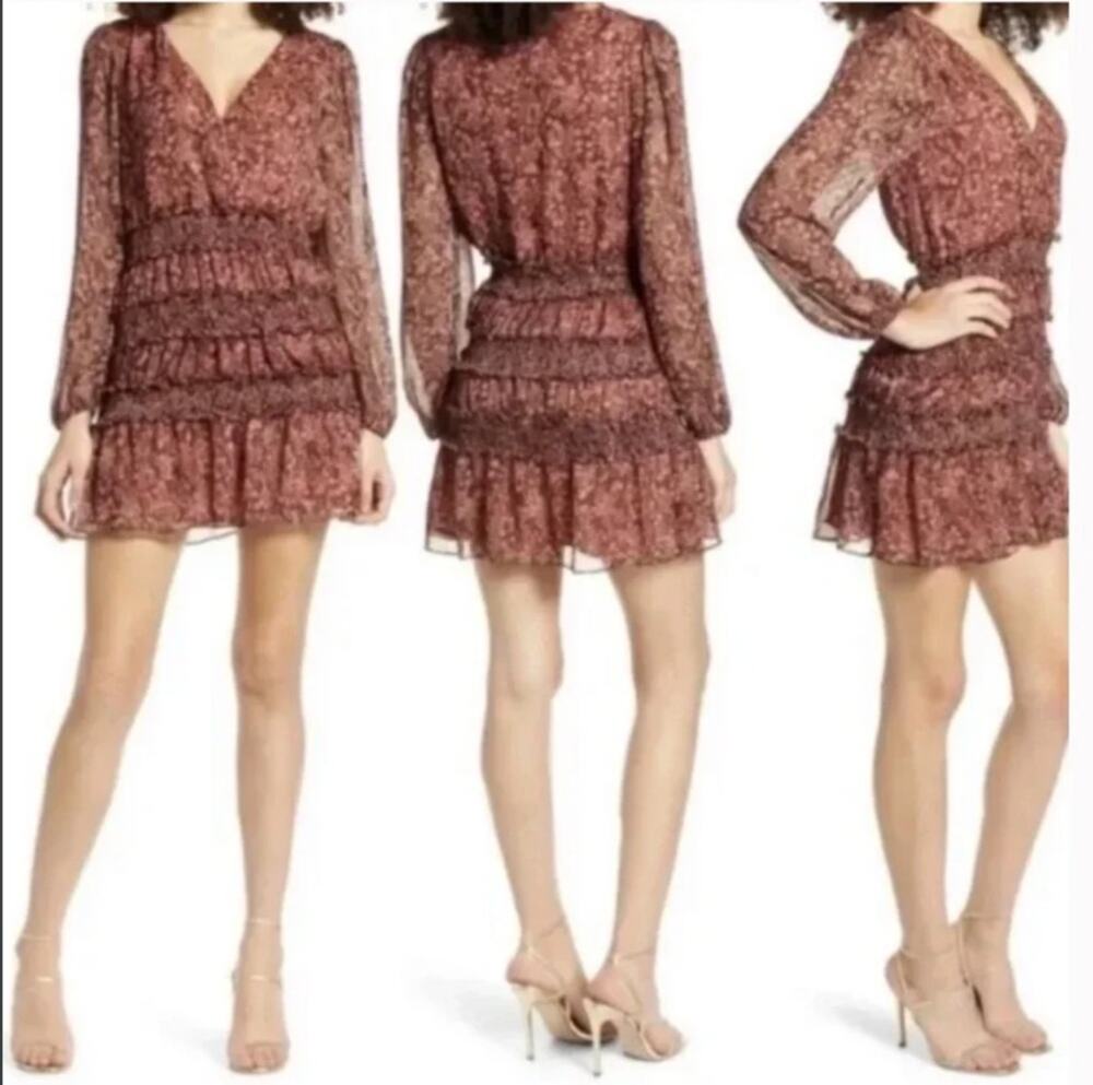 L Socialite short chiffon ruffle brown sparkly floral pink long sleeve dress
